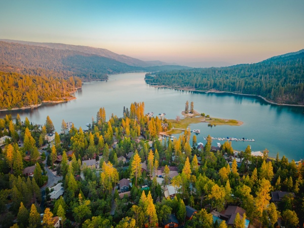 Bass Lake at sunset, seen from above